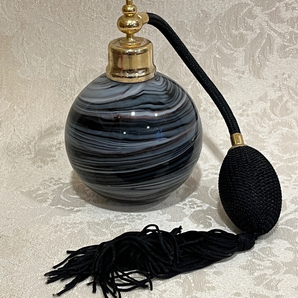 Gorgeous Vintage Purple, Lilac, Black, and Gold Glass Perfume Atomizer.